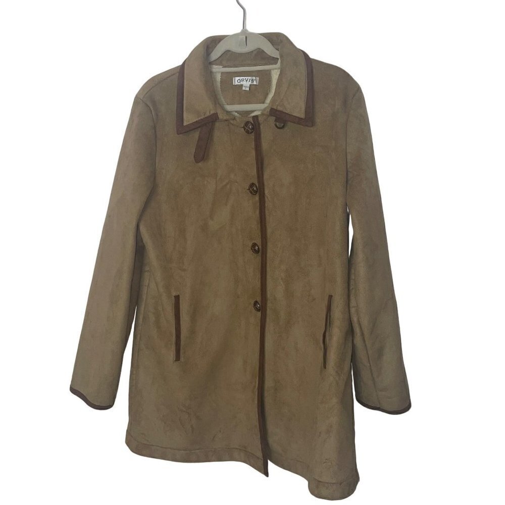 Orvis Womens Jacket Size Large Tan Faux Suede Leather Fleece Lined Winter